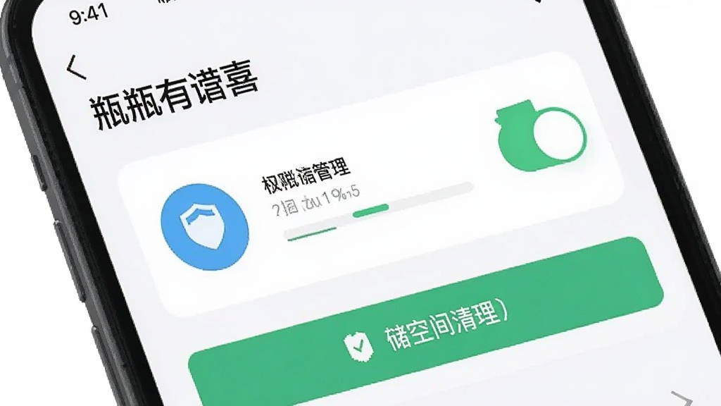 一部手机屏幕显示“瓶瓶有喜”设置页面,画面中有一个醒目的权限管理图标和存储空间清理按钮,布局为上下结构,风格为简约扁平UI风格,细节包括开关按钮、进度条、提示文字,画质清晰,干净,无多余元素