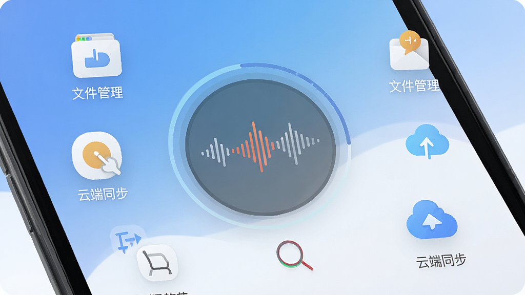 一张展示斗转语音软件界面的手机屏幕截图,画面中央是录音按钮与波形动画,周围环绕文字转换、文件管理、云端同步等功能图标,背景为柔和的蓝白渐变色调,风格简洁现代,细节清晰,画质干净,无多余元素