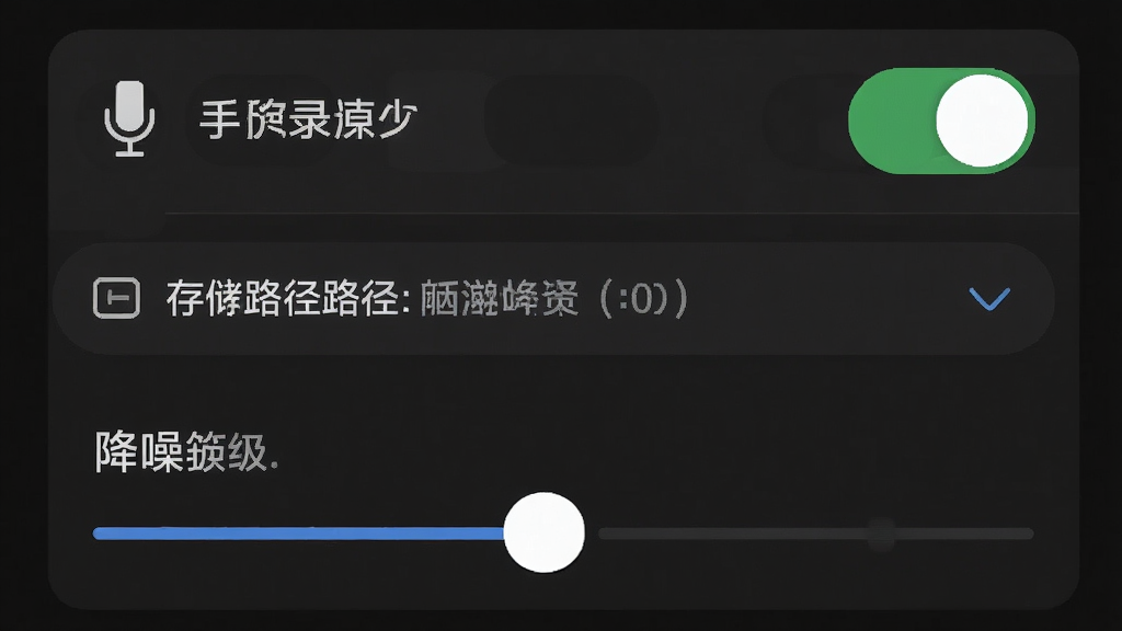 一张展示手机录音设置界面的示意图,画面中有麦克风权限开关、存储路径选择、降噪等级滑块等选项,界面风格为深色模式,图标清晰,文字标注明确,整体干净整洁,无多余元素