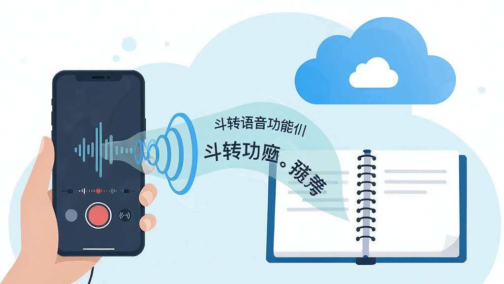 一张展示斗转语音功能的创意插图,画面中一部手机正在录音,声波转化为文字飘入旁边的笔记本中,背景有云朵代表云端备份,整体风格为扁平化插画,色调清新明亮,文字内容清晰可见,画质干净,无多余元素