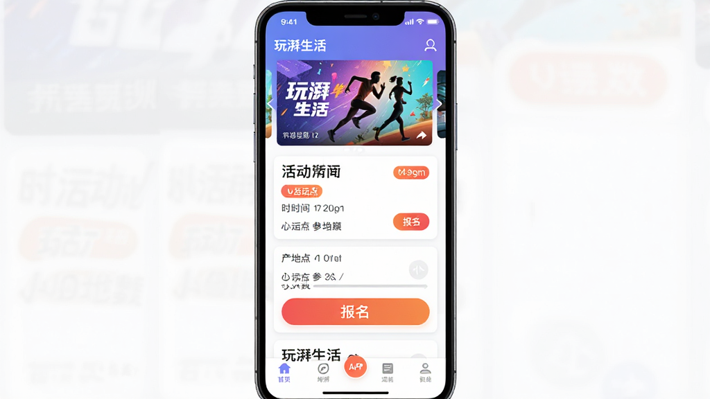 玩湃生活APP运动社区活动页面,主体为手机屏幕展示活动列表和报名按钮,布局为纵向滚动列表,上方为活动海报轮播图,中间为活动卡片包含时间地点和参与人数,下方为底部导航栏,风格活力运动风、色彩明快,细节包括运动人物剪影、活动标签、报名按钮高亮,画质高清、干净、无多余元素,图片中文字标注“玩湃生活”