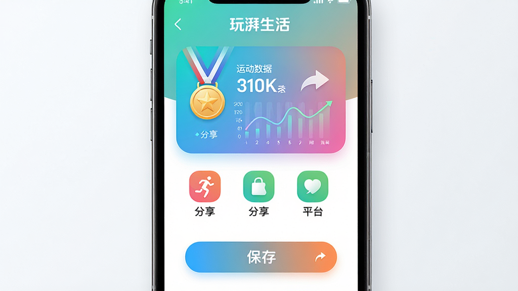 玩湃生活运动数据分享界面,主体为手机屏幕显示运动成果海报和分享按钮,布局为居中卡片式设计,上方为运动数据总结,中间为分享平台图标,下方为保存按钮,风格清新活力、渐变色彩,细节包括奖牌图标、数据图表、分享箭头,画质高清、干净、无多余元素,图片中文字标注“玩湃生活”