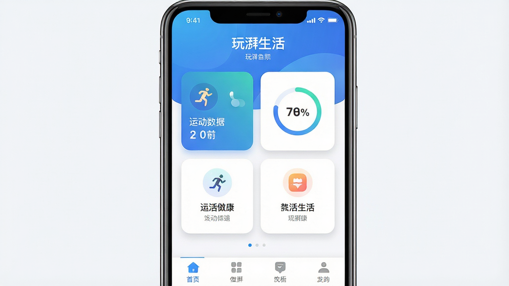 玩湃生活手机应用界面展示,主体为手机屏幕中显示运动健康APP首页,布局采用居中构图,上方为蓝色渐变标题栏,中间为运动数据卡片和功能图标,下方为导航菜单,风格现代简约、清新科技感,细节包括运动图标、圆形进度条、卡片圆角阴影,画质高清、干净、无多余元素,图片中文字标注“玩湃生活”