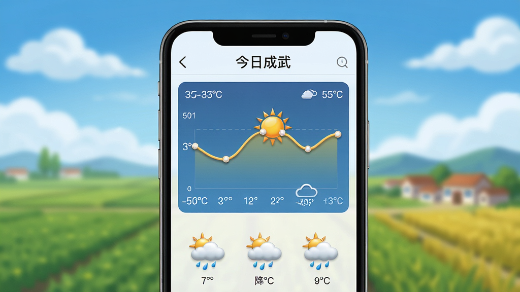 一幅展示天气预报查询功能的AI生图,画面主体是手机屏幕显示“今日成武”天气页面,包含温度曲线、降水概率和天气图标,背景是蓝天白云与成武县农田风光,布局为手机居中、背景虚化,风格为清新写实插画,细节包括天气图标的立体感和数据图表的清晰度,画质清晰、干净、无多余元素