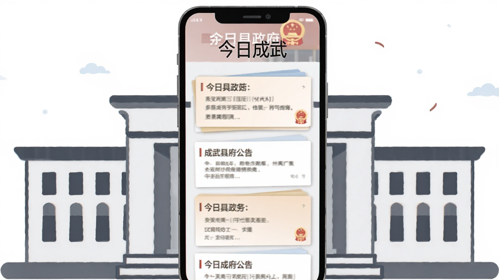 一幅表现政务信息权威发布的AI生图,画面中央是一部手机,屏幕上显示“今日成武”政务公告列表,手机后方是成武县政府大楼的简化轮廓,布局为手机前置、建筑背景居中,风格为庄重简约的扁平插画,细节包括公告卡片的层次感和建筑线条的简洁,画质清晰、干净、无多余元素