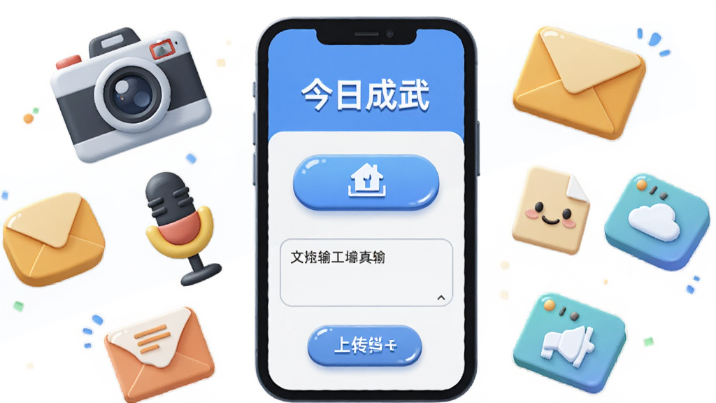 一幅展示互动爆料功能的AI生图,画面主体是手机屏幕显示“今日成武”报料界面,包含上传按钮和文字输入框,手机周围环绕着照相机、麦克风、信封等立体图标,布局为手机居中、图标环绕,风格为活泼亲和的扁平化插画,细节包括图标的高光和按钮的按压效果,画质清晰、干净、无多余元素