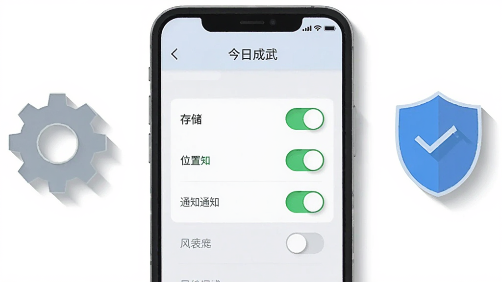 一幅展示手机应用安装与设置界面的AI生图,画面主体是一部手机,屏幕上显示“今日成武”应用的权限设置页面,包含存储、位置、通知等开关按钮,手机旁边有齿轮和盾牌图标,布局为手机居中、图标点缀两侧,风格为简洁实用的扁平插画,细节包括开关按钮的高亮状态和图标阴影,画质清晰、干净、无多余元素