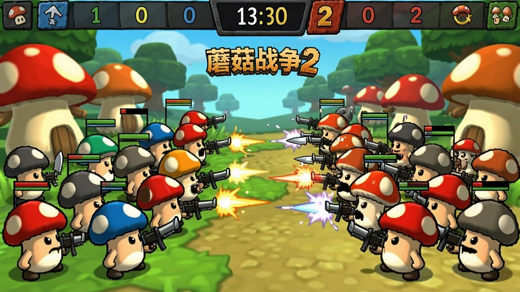 一张蘑菇战争2多人对战场景图,画面分为左右两个阵营,中间是交战区域,双方蘑菇士兵正在激烈交锋,画面顶部有比分与倒计时,整体风格为卡通竞技,色彩对比强烈,画面中带有“蘑菇战争2”的文字标识,画质清晰,无杂乱元素