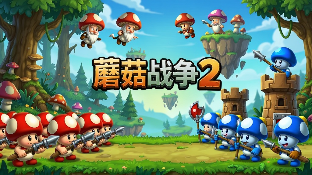 一张横版游戏宣传图,画面中央是蘑菇战争2的经典场景,左侧是红色阵营的蘑菇士兵手持武器列队前进,右侧是蓝色阵营的蘑菇战士在防御塔后严阵以待,背景是奇幻森林与漂浮的岛屿,天空中有飞行的蘑菇法师,画面风格为卡通渲染,色彩鲜艳明快,构图饱满,细节丰富,画质清晰干净,画面中带有“蘑菇战争2”的艺术字标题,无多余元素