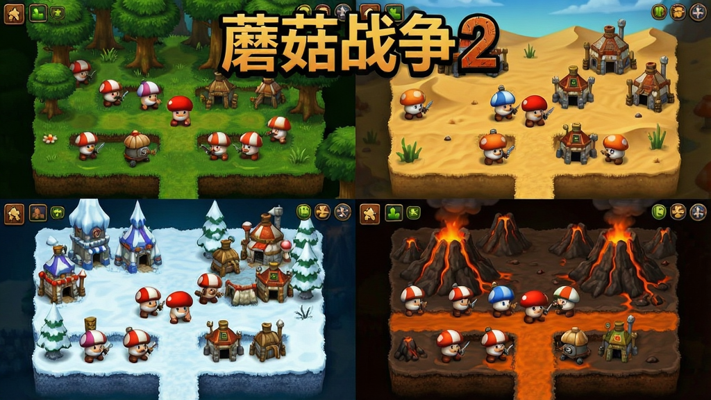 一张蘑菇战争2地图场景展示图,画面展示四个不同风格的缩略地图,分别是森林、沙漠、雪地和火山,每个地图上都有蘑菇士兵和建筑,整体排版为田字格布局,风格为游戏UI界面,色彩丰富,画面中带有“蘑菇战争2”的标题文字,画质清晰,无多余元素