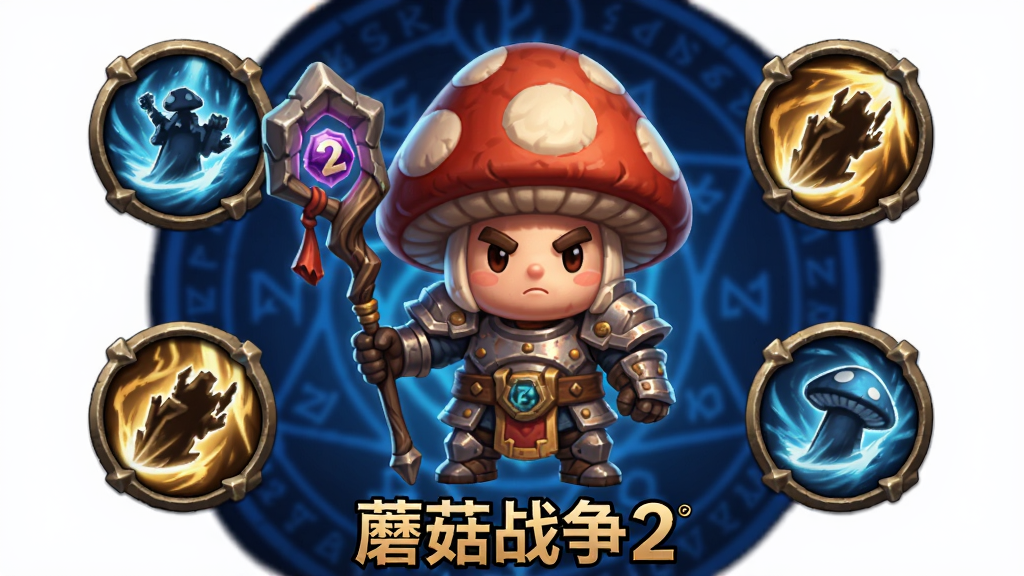 一张蘑菇战争2英雄角色展示图,画面中央是一位身穿铠甲、手持法杖的蘑菇英雄,周围环绕着四个技能图标,背景是深蓝色的魔法阵,角色造型Q版可爱,光影效果突出,画面下方带有“蘑菇战争2”的文字,风格为游戏原画,画质精细,干净无多余元素