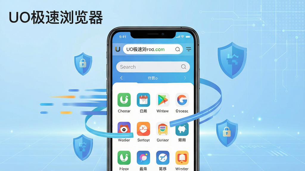 一张展示UO极速浏览器核心全貌的场景图,画面中央是一部智能手机,手机屏幕上显示着UO极速浏览器的首页界面,界面简洁干净,顶部有地址栏和搜索框,下方排列着常用网站图标。手机周围环绕着速度线条和盾牌图标,象征快速与安全。背景为浅蓝色渐变,带有轻微的科技感网格纹理。整体风格为扁平化UI设计,色彩明亮清新,细节清晰,画质干净,无多余元素,图片中文字标注