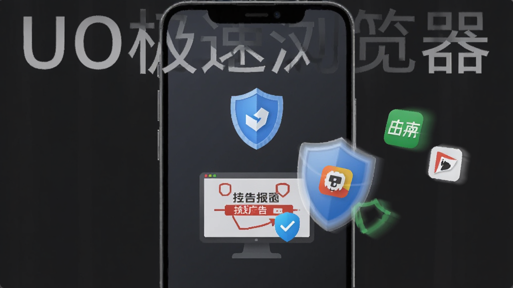 一部手机屏幕显示UO极速浏览器的隐私保护界面,屏幕上有盾牌图标和拦截广告的示意图,背景为深灰色,突出安全感。画面中有少量广告图标被盾牌弹开的动态效果,整体风格简洁商务,图片中文字标注