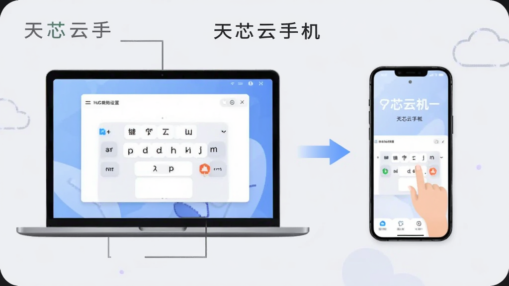 主体是一台笔记本电脑和一部手机并排显示相同云手机画面;布局为左右对比构图;排版简洁;风格为现代办公场景插画;细节包括电脑屏幕显示键鼠映射设置界面、手机屏幕显示触控操作、两者之间用同步箭头连接、背景为淡灰色;画质清晰,画面干净,无多余元素,画面中标注“天芯云手机”