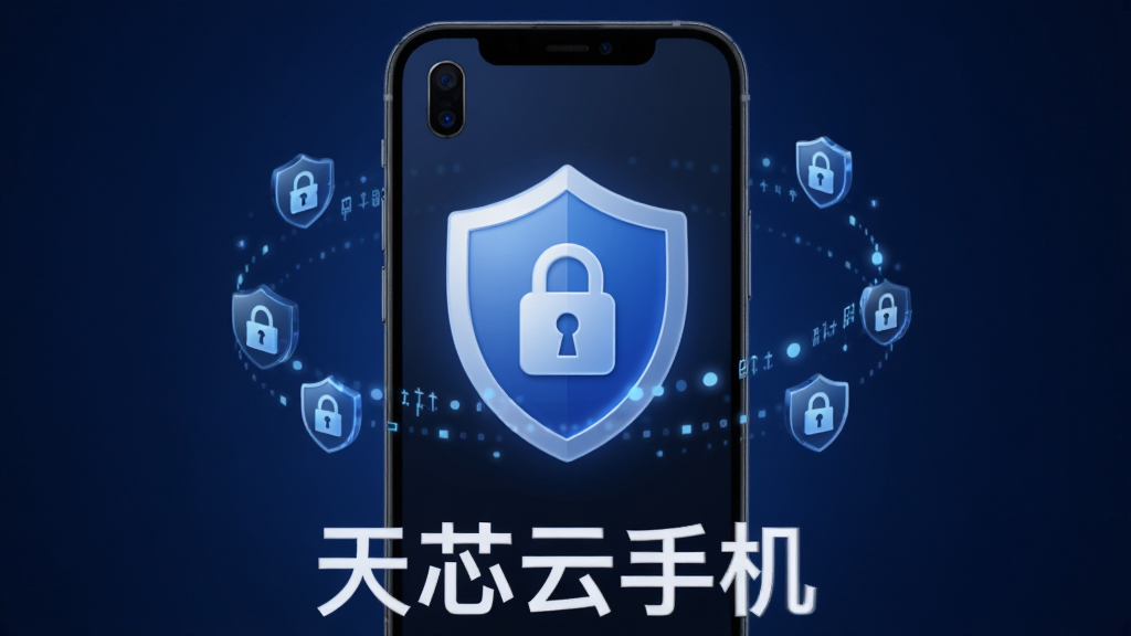 主体是一个带有盾牌图标的云手机;布局为居中构图;排版简约;风格为安全科技风格;细节包括盾牌上有锁形图案、周围环绕加密数据符号、背景为深蓝色渐变、光效柔和;画质高清,画面干净,无多余元素,画面中标注“天芯云手机”