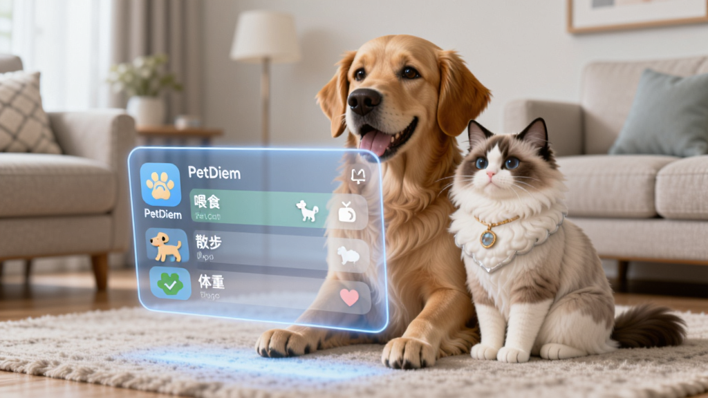 一只金毛犬和一只布偶猫坐在温馨的客厅地毯上,它们面前悬浮着一个发光的半透明数字面板,面板上显示着PetDiem应用的图标和记录条目,如“喂食”、“散步”、“体重”等。画面风格为现代3D渲染,光影柔和,细节精致,画质高清,背景干净。