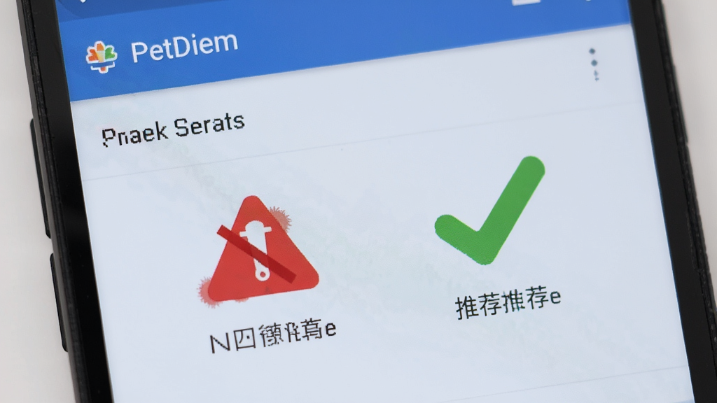 一部安卓手机屏幕特写,屏幕上显示PetDiem应用的设置界面,旁边有一个红色的警告标志和绿色的对勾标志,分别代表禁止操作和推荐操作。画面风格简洁明了,背景干净,画质清晰。