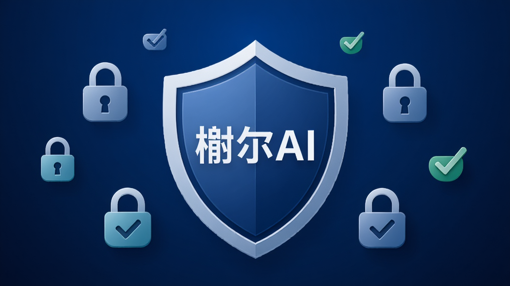 安全隐私概念图,盾牌图标位于画面中央,盾牌上写“榭尔AI”,周围环绕锁形与对勾符号,背景为深蓝色渐变,布局居中,风格稳重安全,细节干净,画质高清,无多余元素