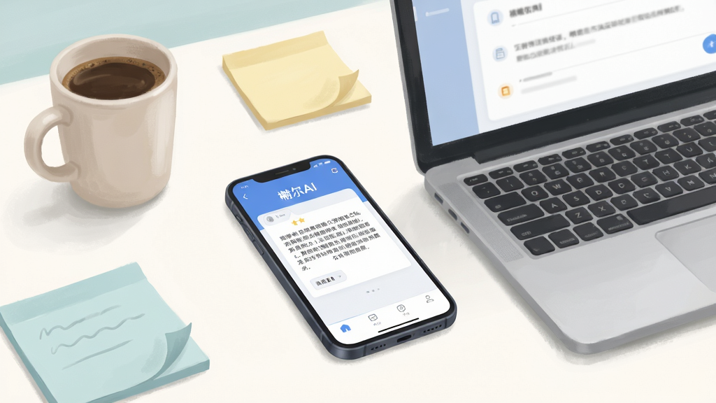 办公场景插图,桌面放置手机与笔记本,手机屏幕显示“榭尔AI”生成文案界面,旁边有咖啡杯与便签纸,布局自然,风格清新商务,细节柔和,画质高清,干净,无多余元素