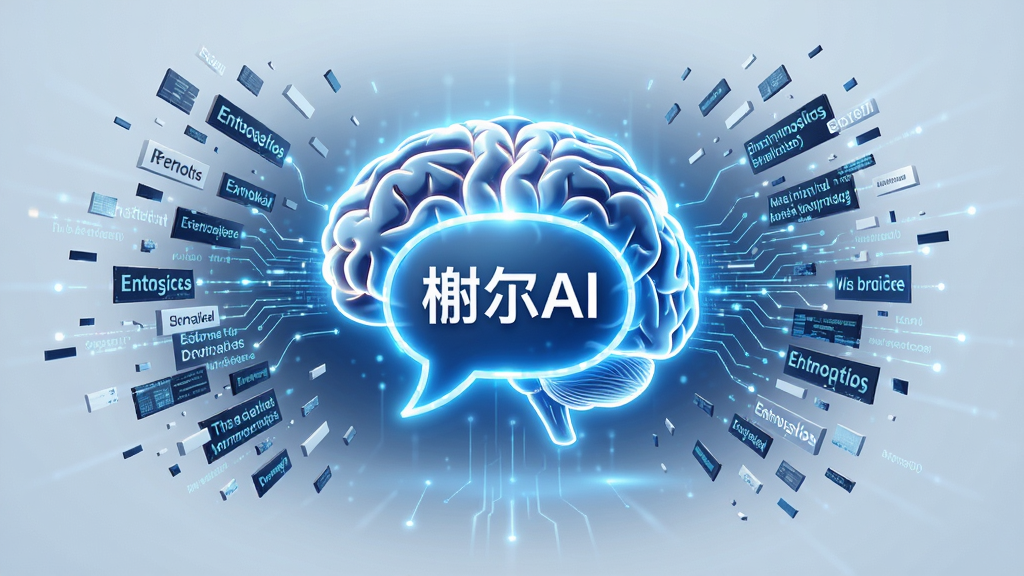 人工智能对话概念图,画面中央为发光大脑与对话气泡连接,气泡内写“榭尔AI”,周围环绕文字碎片与数据线条,布局对称,风格科技感,细节丰富,画质高清,干净,无多余元素