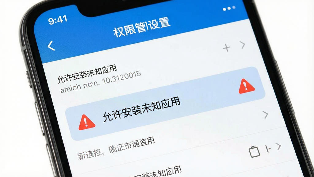 手机安全设置界面示意图,画面中手机屏幕显示权限管理页面,高亮“允许安装未知应用”选项,旁边有红色警示图标,布局清晰,风格写实,细节干净,画质高清,无多余元素