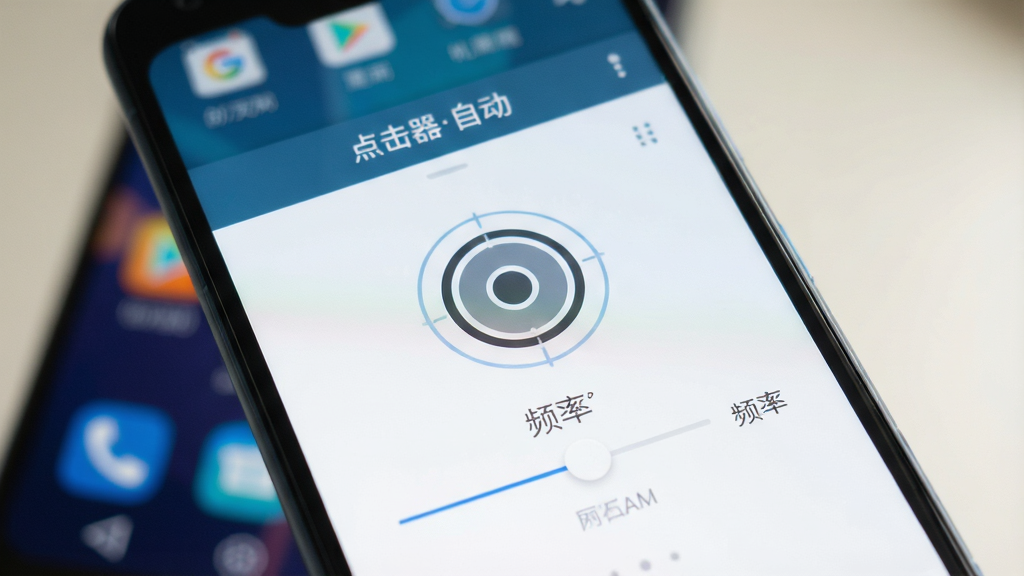 一张安卓手机屏幕特写,画面中央显示“点击器自动”App的简洁操作界面,界面上有圆形点击目标标记与频率调节滑块,背景是模糊的手机桌面,光线柔和,风格为现代科技感扁平化设计,整体干净整洁,画质清晰,无多余元素