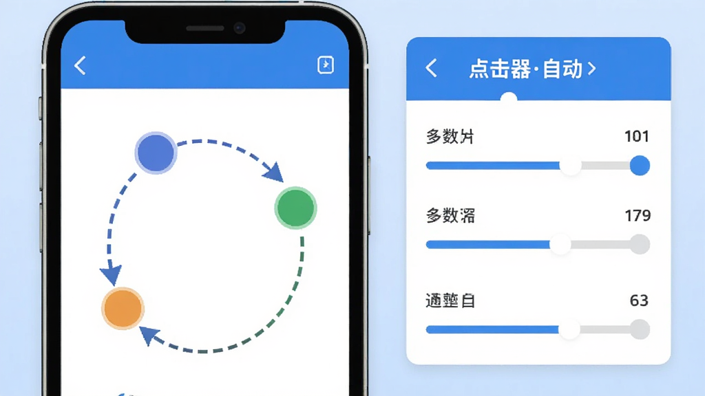 一幅展示“点击器自动”多点位点击功能的示意图,画面中手机屏幕上分布着三个不同颜色的圆形标记点,标记点之间有虚线箭头连接表示循环顺序,旁边有简洁的参数调节面板,风格为清爽的UI示意图,配色以蓝白为主,画质干净清晰