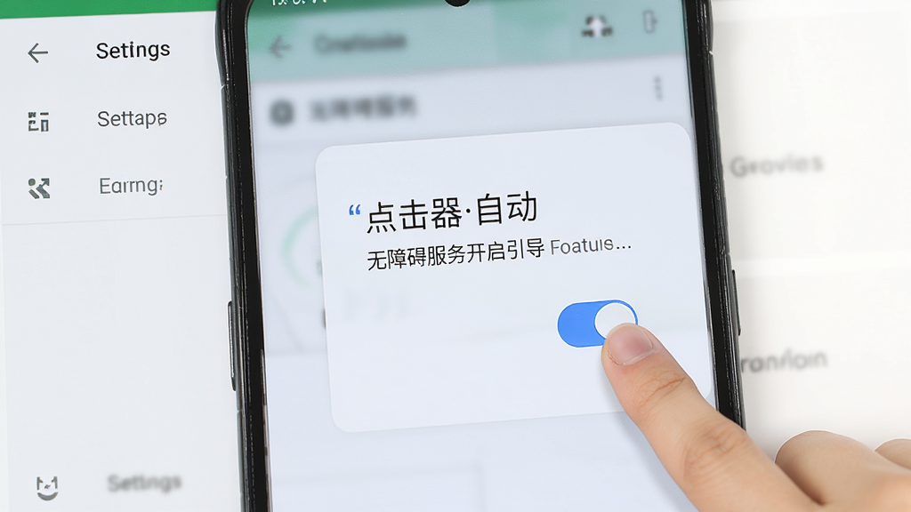 一部安卓手机屏幕显示“点击器自动”的无障碍服务开启引导页面,旁边有手指点击开关的示意动作,背景为简洁的系统设置界面风格,画面清晰明亮,画质干净,无多余装饰元素