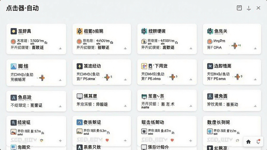一张展示“点击器自动”脚本管理界面的图片,画面中有多个以卡片形式排列的脚本列表,每个卡片上有脚本名称和简要参数,界面风格为浅色极简设计,字体清晰,布局整齐,整体画质干净无杂乱元素