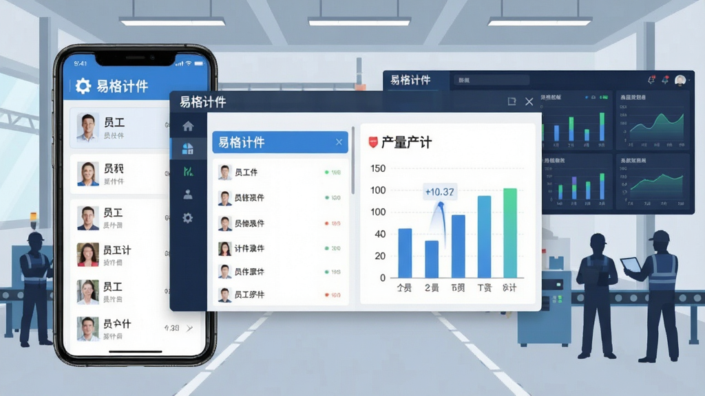 软件全貌概览图,画面中央是「易格计件」软件界面浮窗,背景为现代化工厂车间与数据看板,主体为手机屏幕显示计件录入与工资统计图表,布局采用左右分栏,左侧展示员工列表,右侧展示产量柱状图,风格为扁平化科技商务风,细节包含数字跳动、齿轮元素与工人剪影,画质4K,干净整洁,无多余元素