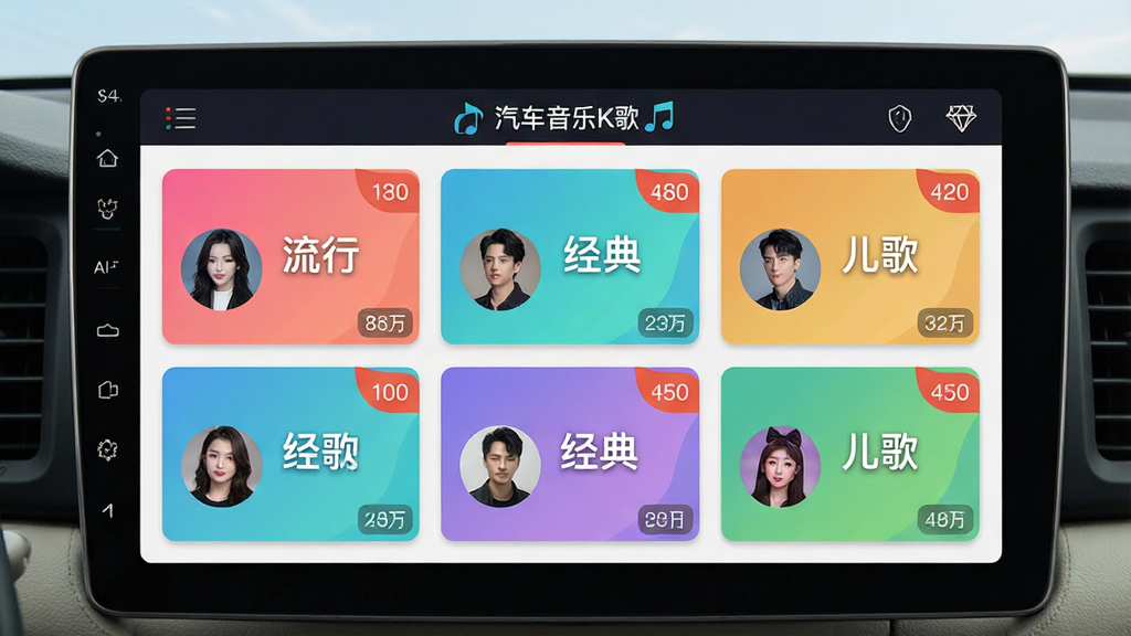 汽车音乐K歌的曲库分类界面展示,主体为车载屏幕显示多个音乐分类标签如“流行”“经典”“儿歌”,布局采用网格卡片式,风格为明亮清新的扁平化设计,细节包含歌手头像和歌曲数量角标,画质干净清晰,文字带有“汽车音乐K歌”字样