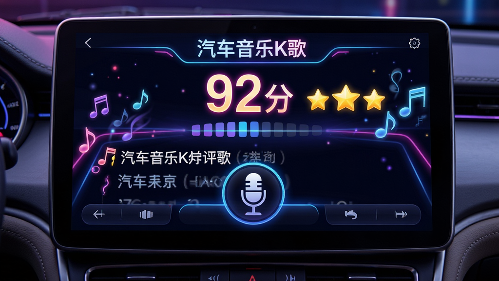 汽车音乐K歌的演唱评分界面,主体为车内中控屏显示歌词滚动和分数“92分”及星星奖励,布局为上下结构,风格为动感霓虹光效,细节有音符飘动和麦克风图标,画质鲜艳干净,文字标注“汽车音乐K歌”