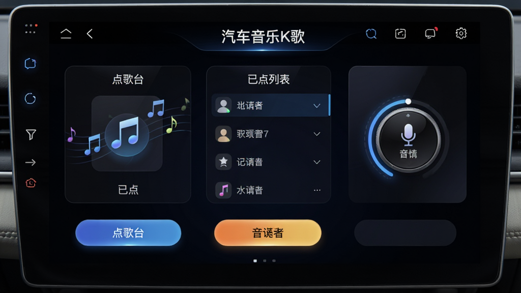 汽车音乐K歌软件主界面在车载大屏上显示,包含点歌台、已点列表和麦克风音量调节旋钮,整体布局简洁,风格为科技感深色主题,细节上有音符跳动动画和高亮按钮,画质清晰干净,无多余元素,文字标注“汽车音乐K歌”