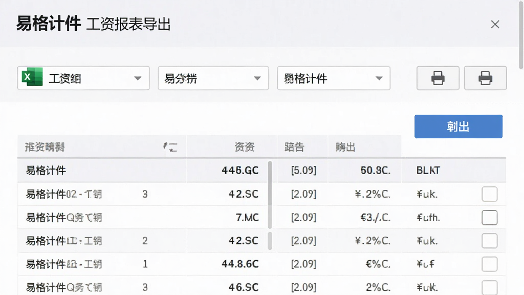 画面主体为「易格计件」工资报表导出界面,显示工资明细表格与导出按钮,布局采用上下结构,上方为筛选条件栏,下方为数据列表,风格为清爽素雅浅色系,细节包含Excel图标、打印按钮与货币符号,画质高清,干净无多余元素