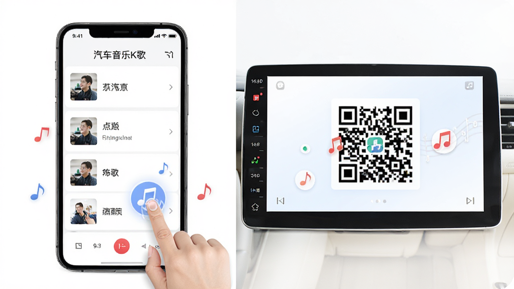 汽车音乐K歌的手机扫码点歌界面,主体为手机屏幕显示点歌列表和车机屏幕显示二维码,布局为左右分屏,风格为现代简约白色主题,细节有手指点击动画和音符图标,画质清晰干净,文字标注“汽车音乐K歌”