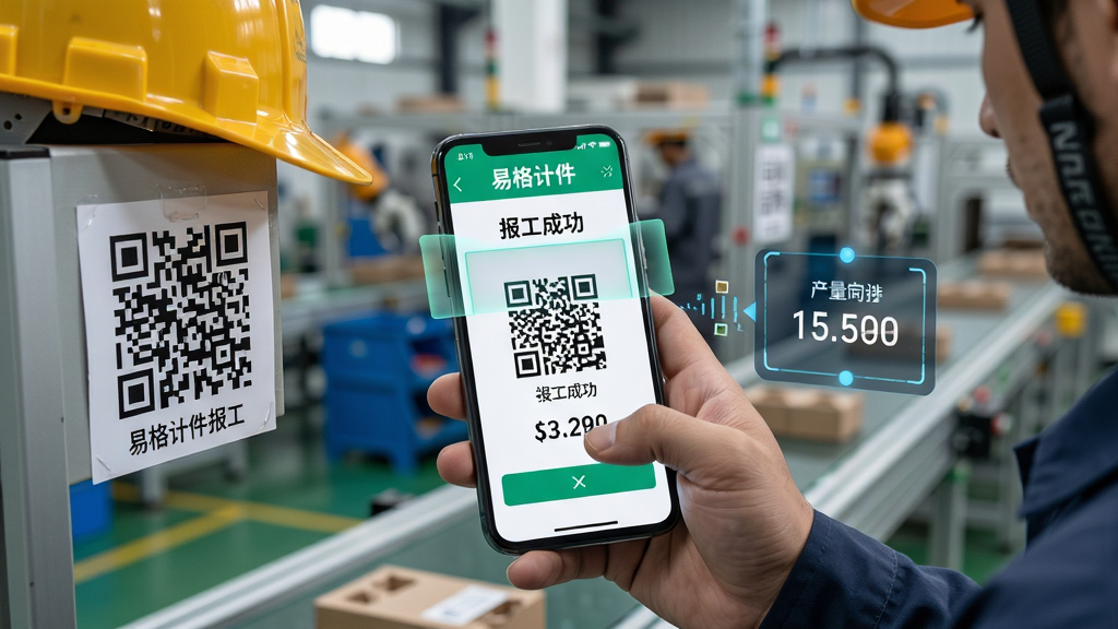 生图提示词:画面主体为工人使用手机扫描二维码进行「易格计件」报工操作,背景为生产线流水线,布局采用近景特写,聚焦手机屏幕显示报工成功与产量数字,风格为写实工业风,细节包含安全帽、工作服、二维码标签与数据同步动画,画质清晰,干净利落