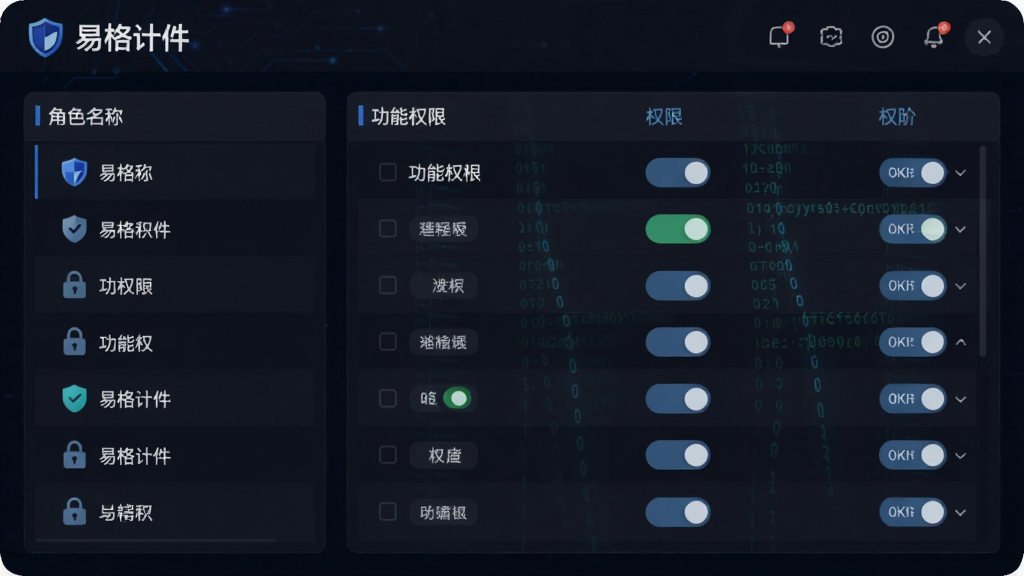 画面主体为「易格计件」权限管理界面,显示角色列表与权限勾选矩阵,布局采用左右分栏,左侧为角色名称,右侧为功能权限开关,风格为科技感深色主题,细节包含盾牌安全图标、锁形图标与数据加密代码流,画质清晰,干净整洁