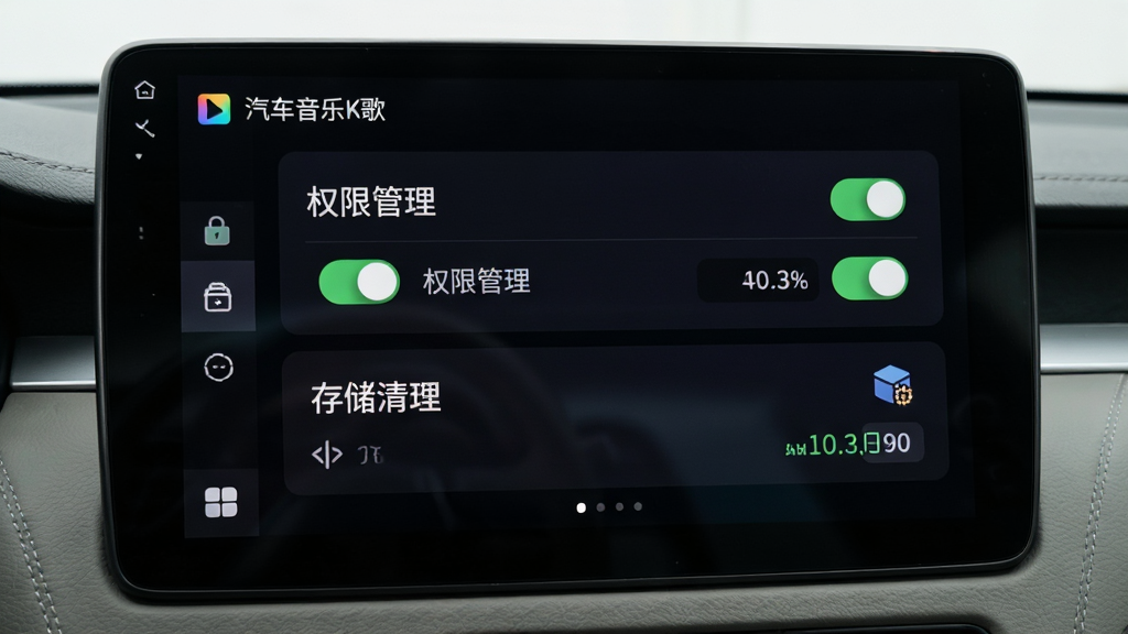 汽车音乐K歌在车载屏幕上显示设置菜单,主体为“权限管理”和“存储清理”选项,布局为纵向列表,风格为深色护眼模式,细节有开关按钮和缓存大小显示,画质干净无多余元素,文字标注“汽车音乐K歌”