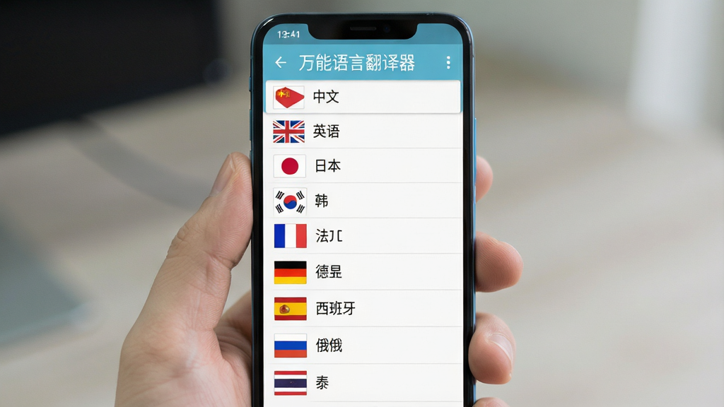 一张展示万能语言翻译器多语种互译功能的界面图,画面为安卓手机屏幕,屏幕内显示万能语言翻译器语言选择列表,列表中排列着中文、英语、日语、韩语、法语、德语、西班牙语、俄语、泰语等语言名称及对应国旗图标,顶部标题为“万能语言翻译器”,布局为纵向列表,排版整齐,风格为清新浅色扁平化,细节清晰,画质高清,干净,无多余元素
