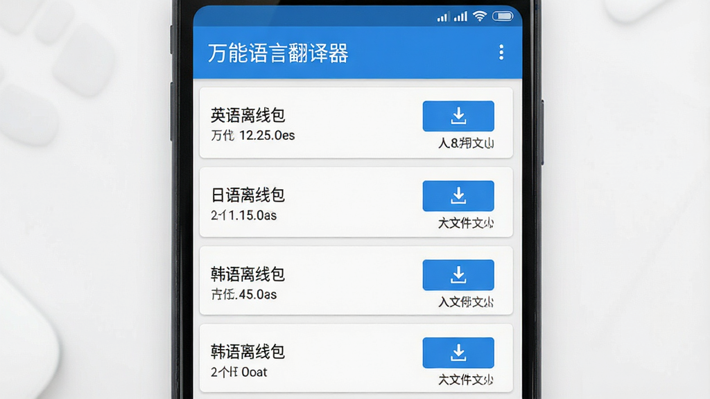 一张展示万能语言翻译器离线翻译资源包下载界面的图,画面为安卓手机屏幕,屏幕内显示万能语言翻译器的离线语言包管理页面,列表中排列着英语离线包、日语离线包、韩语离线包等条目,每条右侧有下载按钮与文件大小标注,顶部标题为“万能语言翻译器”,布局为卡片式列表,排版清晰,风格为简约商务,细节清楚,画质高清,干净,无多余元素