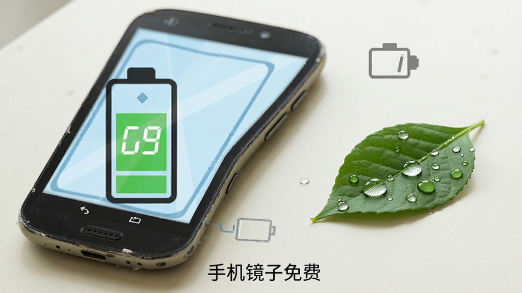 一部略显老旧的安卓手机放在桌面上,屏幕显示手机镜子免费的镜面界面,手机旁边放着一块显示低电量消耗的电池图标与一片绿叶,布局为手机与图标左右并列,风格为简洁的信息图风格,细节上电池图标为绿色、绿叶有露珠、手机边框有轻微磨损感,画质干净,无多余元素,画面下方写有“手机镜子免费”小字。