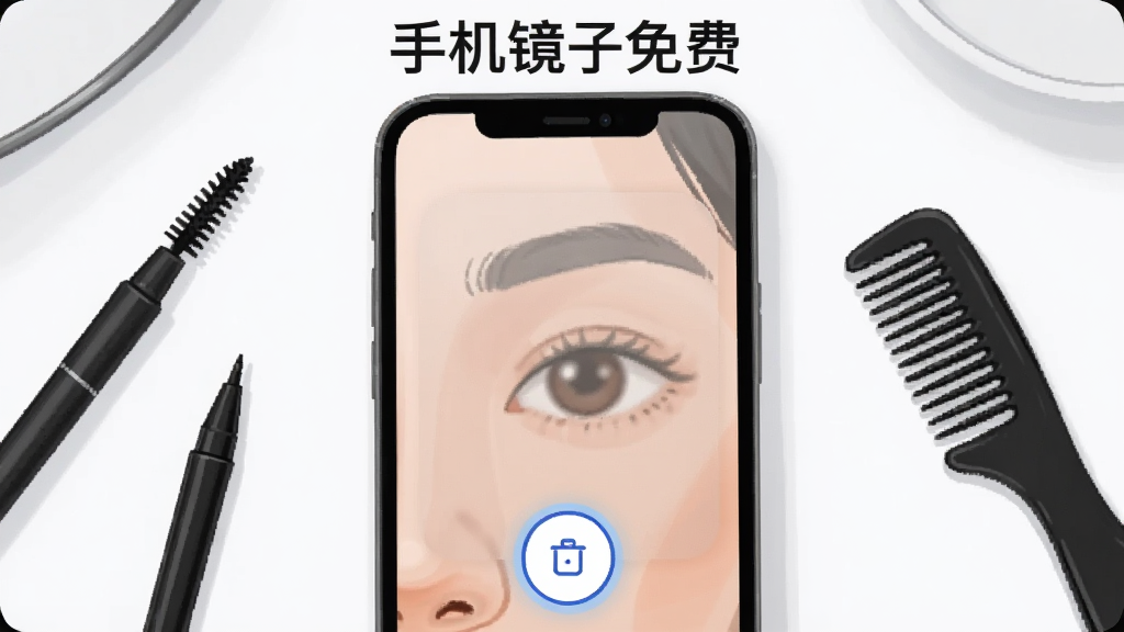 手机屏幕显示被冻结的镜子画面,画面中是一个人的眼部与眉毛特写,屏幕下方有一个圆形的冻结按钮图标,手机旁边放着一支眉笔和一把小梳子,布局为手机居中、道具散落两侧,风格为简约现代数码插画,细节上冻结按钮有蓝色光圈、屏幕画面略带磨砂质感,画质干净,无多余元素,画面顶部写有“手机镜子免费”字样。