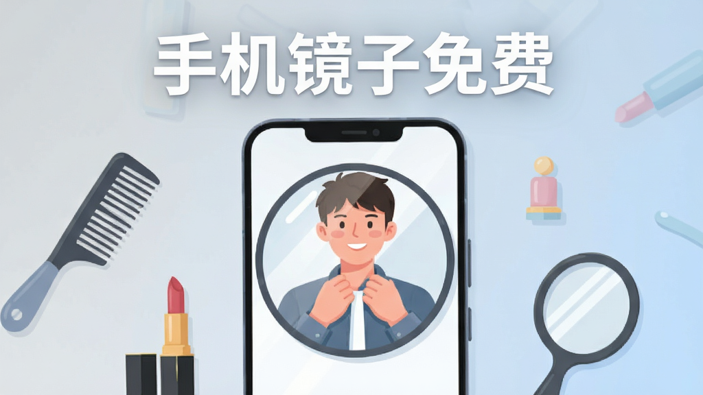 画面中央是一部竖屏安卓手机,手机屏幕内显示一面明亮清晰的圆形镜子,镜中映出一位年轻人微笑整理衣领的半身倒影,手机周围环绕着梳子、口红、小镜子等简约生活小物,整体布局采用居中对称构图,上方留白处写有“手机镜子免费”白色粗体字,风格为清新明亮的扁平化插画,细节上手机边框圆润、镜面有自然高光与轻微反光,画质干净清晰,无多余元素,背景为浅灰到淡蓝的柔和渐变。