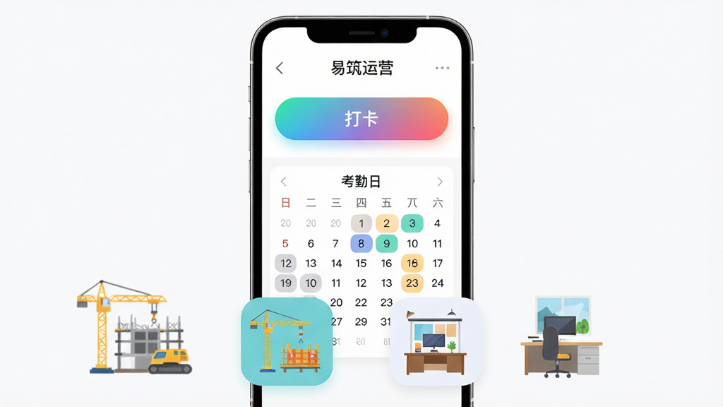 手机屏幕显示“易筑运营”考勤打卡界面,界面中有打卡按钮、考勤日历、请假申请入口,手机下方有建筑工地与办公室两个场景图标,布局为手机居中、场景图标左右分布,风格为清新扁平化设计风,细节包括打卡按钮的渐变色彩与日历的高亮标记,画质高清,画面干净简洁