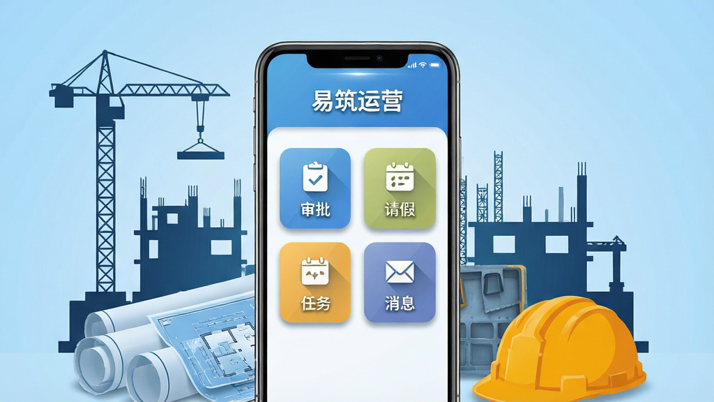 画面中央展示一部智能手机,屏幕上显示“易筑运营”APP主界面,界面包含审批、请假、任务、消息四个功能模块图标,手机周围环绕建筑工地剪影、工程图纸、安全帽等元素,背景为浅蓝色渐变,排版简洁清晰,风格为扁平化科技商务风,细节包括图标阴影与界面高光,画质4K高清,画面干净无多余元素