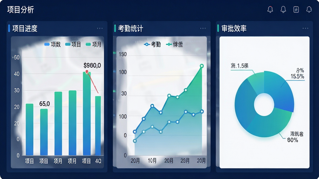 一张数据仪表盘界面截图,界面中包含柱状图、折线图、饼图三种图表,分别展示项目进度、考勤统计、审批效率数据,仪表盘背景为深蓝色,图表颜色为蓝绿渐变,风格为专业数据分析风,细节包括图表图例与数值标签,画质4K,画面干净无杂乱元素