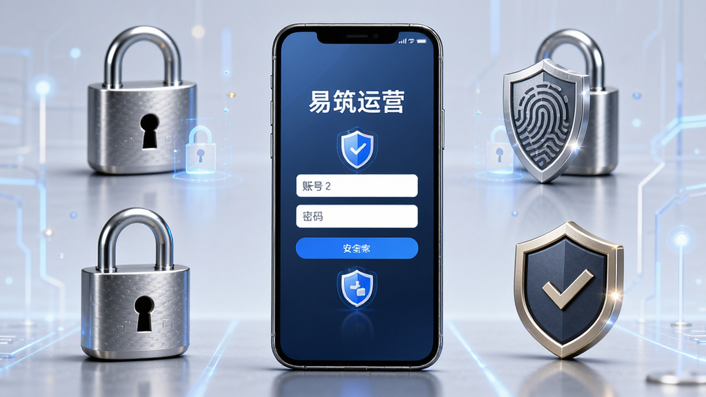 一部手机屏幕显示“易筑运营”登录界面,界面中有账号密码输入框与安全盾牌图标,手机周围环绕锁、指纹、安全认证标识等元素,布局为手机居中、安全元素环绕,风格为安全科技风,细节包括盾牌的高光与锁的金属质感,画质高清,画面干净简洁