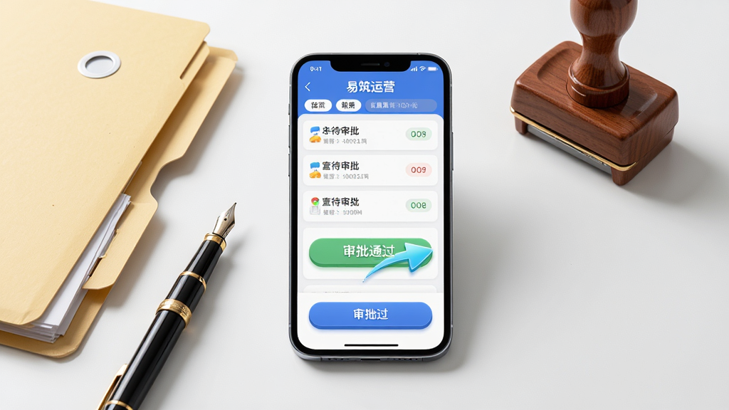 一部智能手机展示“易筑运营”审批流程界面,屏幕中显示待审批列表与审批通过动画,手机旁边放置文件夹、钢笔、印章等办公物品,布局为手机居中、物品环绕,风格为现代简约商务风,细节包括界面按钮的立体感与物品的材质纹理,画质高清,画面干净整洁