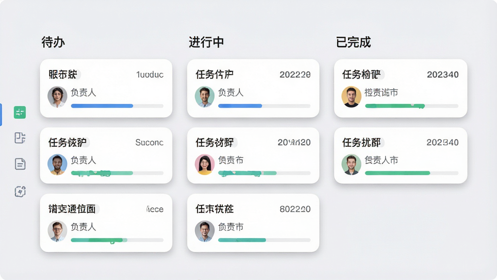 一张虚拟任务看板界面截图,看板上分为“待办”“进行中”“已完成”三列,每列有多张任务卡片,卡片上有任务名称、负责人头像、截止日期,看板背景为浅灰色,卡片为白色圆角矩形,风格为现代办公软件界面风,细节包括卡片阴影与进度条,画质清晰,画面干净无多余文字
