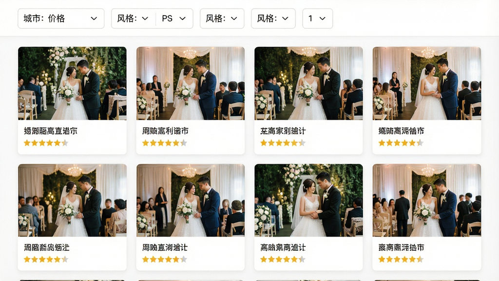 一张婚礼纪商家案例库页面示意图,画面中展示多个婚礼现场实拍缩略图排列成网格,每张图片下方有商家名称与评分星级,顶部有筛选栏包含城市、价格、风格选项,整体布局为瀑布流式,风格明亮清新,细节清晰,画质高清,干净,无多余元素。